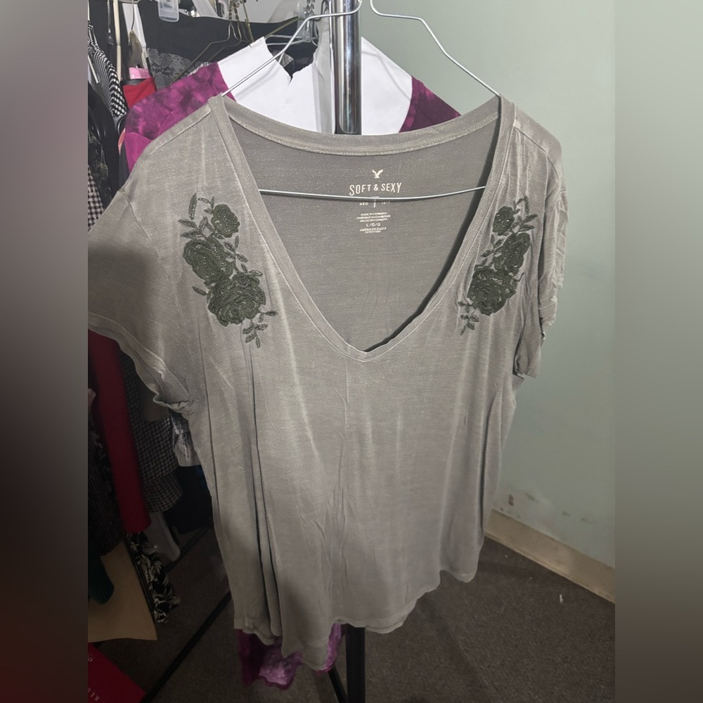 American Eagle Outfitters Soft Green V-Neck Tee with Green Embroidery